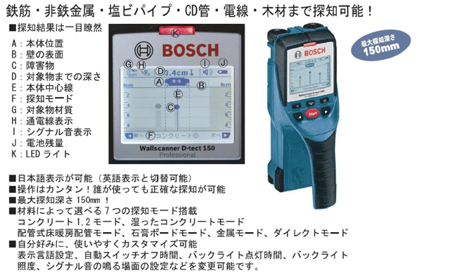 ボッシュ コンクリート探知機 D-TECT 150CNT 最大探知深さ150mm 